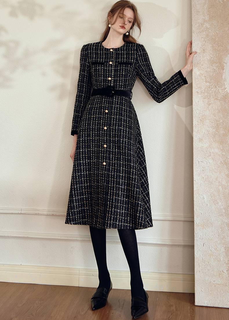 Shirley Black Long Sleeve Plaid Tweed Midi Dress | Handmade