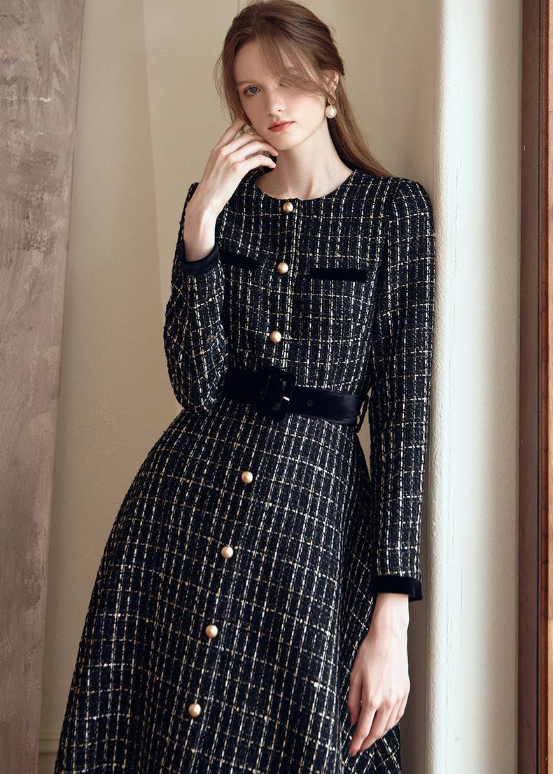 Shirley Black Long Sleeve Plaid Tweed Midi Dress | Handmade Shirley Black Long Sleeve Plaid Tweed Midi Dress | Handmade