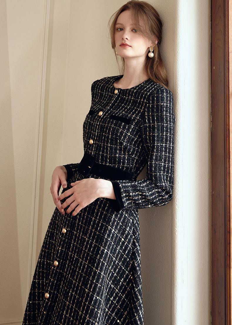 Shirley Black Long Sleeve Plaid Tweed Midi Dress | Handmade