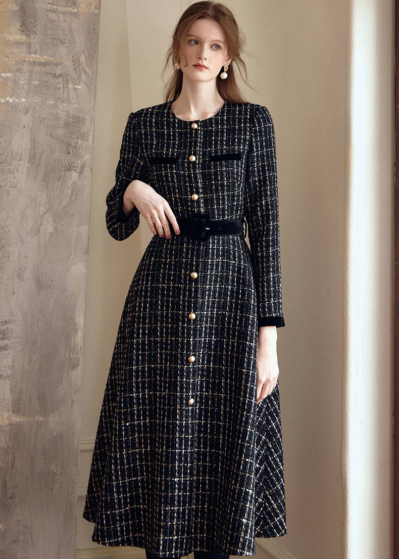 Shirley Black Long Sleeve Plaid Tweed Midi Dress | Handmade
