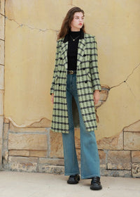 Women's Classic Plaid Wool Blend Double Breasted Belted Long Coat