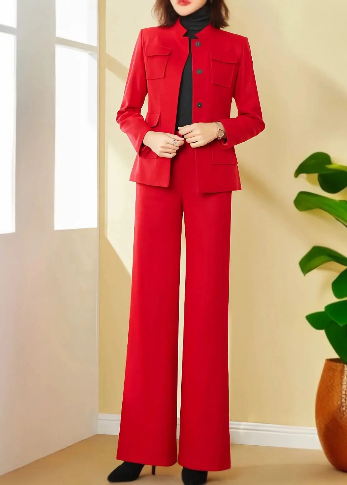 Red Belted Jacket Wide Leg Pants Suit - Main Image