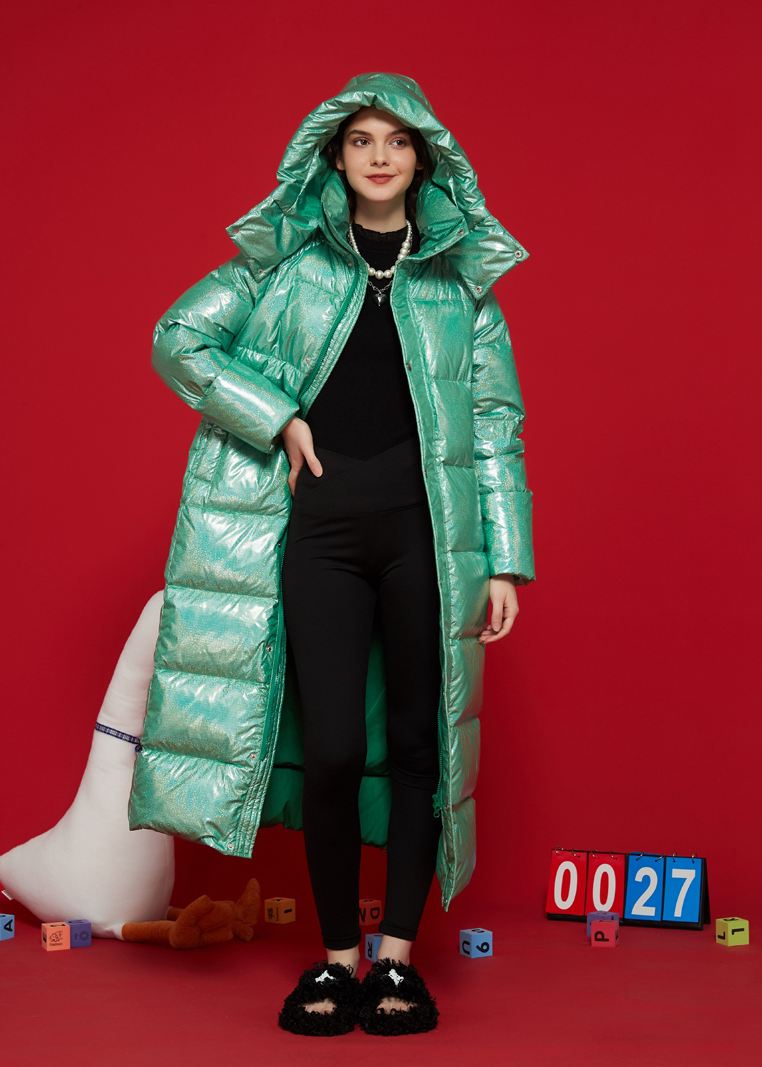 Shiny Green Hooded Goose Down Puffer Long Coat – Vivian Seven