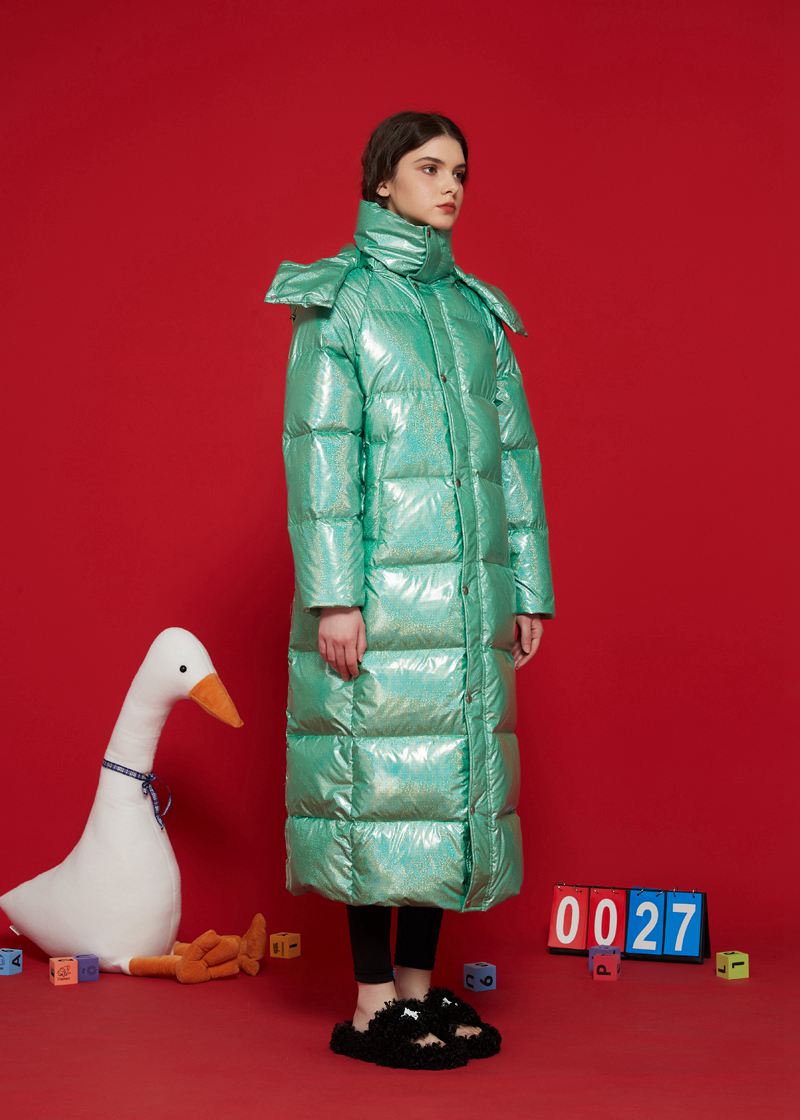 Women's Winter Shiny Green Hooded Goose Down Puffer Long Coat