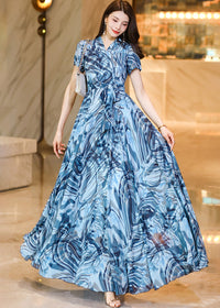 Ethereal Blue Abstract Wave Print Chiffon Maxi Dress with Flowy Swing
