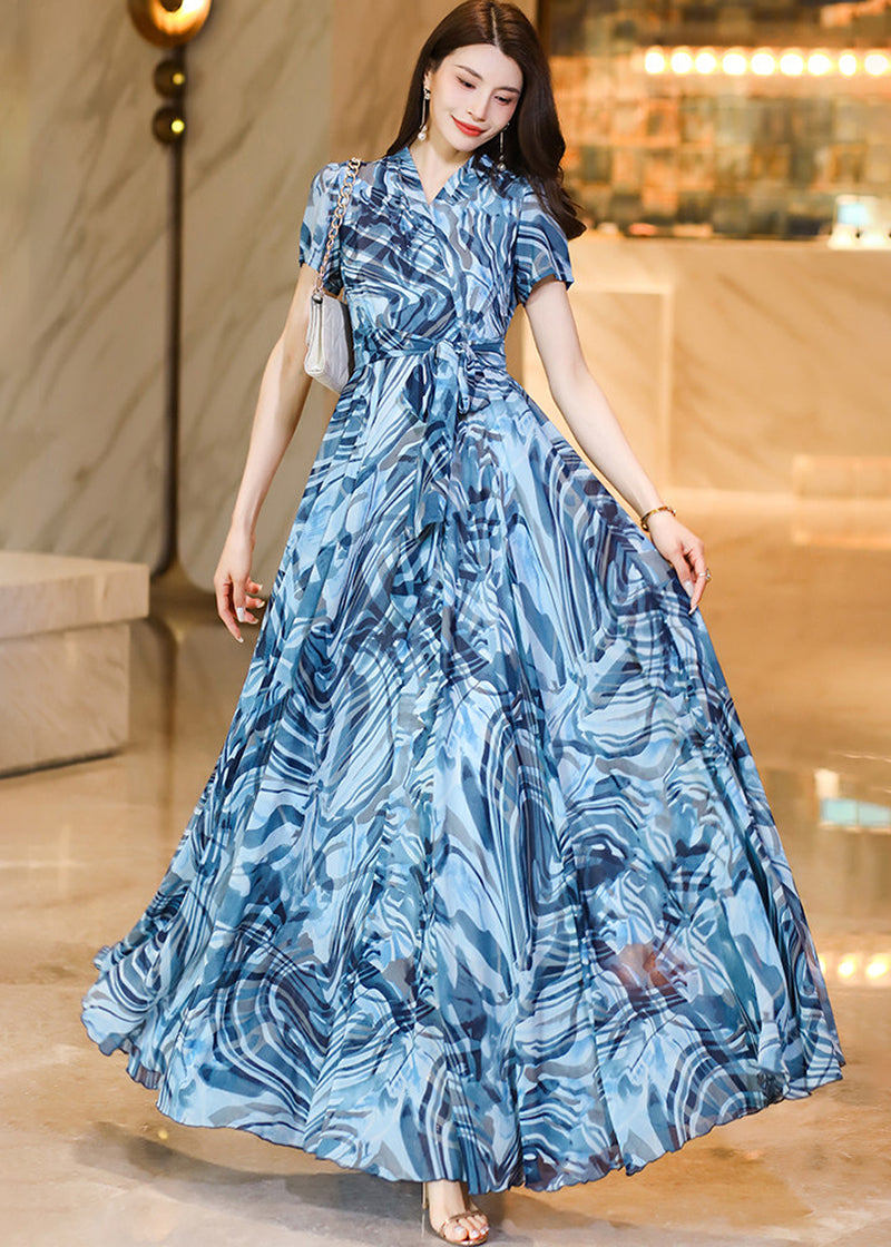 Ethereal Blue Abstract Wave Print Chiffon Maxi Dress with Flowy Swing