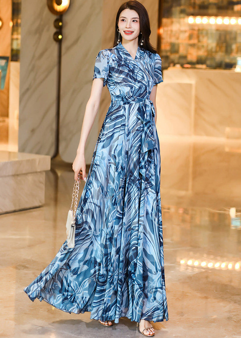 flowy chiffon maxi dress Ethereal Blue Abstract Wave Print with Swing Blue / XS Robe De Soiree Brown Mother of the This flowy silhouette with Size:29