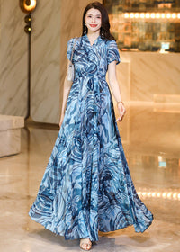 Ethereal Blue Abstract Wave Print Chiffon Maxi Dress with Flowy Swing