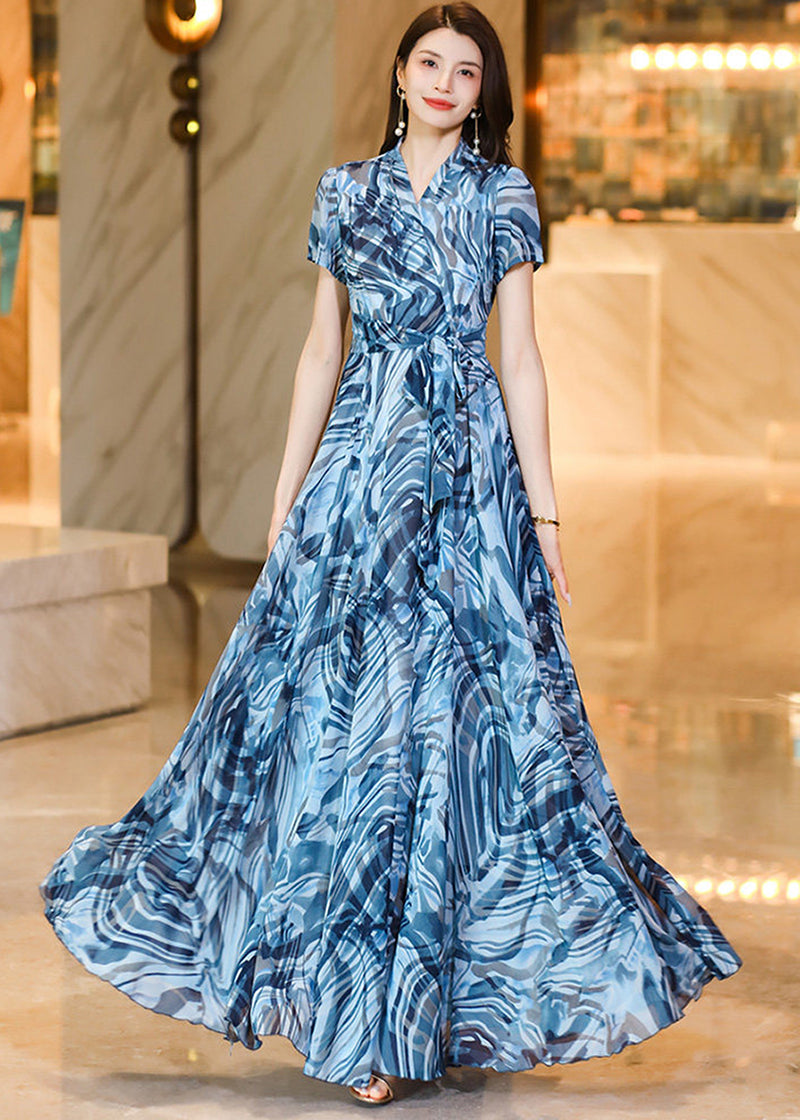 Ethereal Blue Abstract Wave Print Chiffon Maxi Dress with Flowy Swing