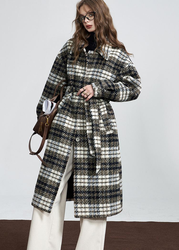 Women's Gray Plaid Single Breasted Wool Blend Coat