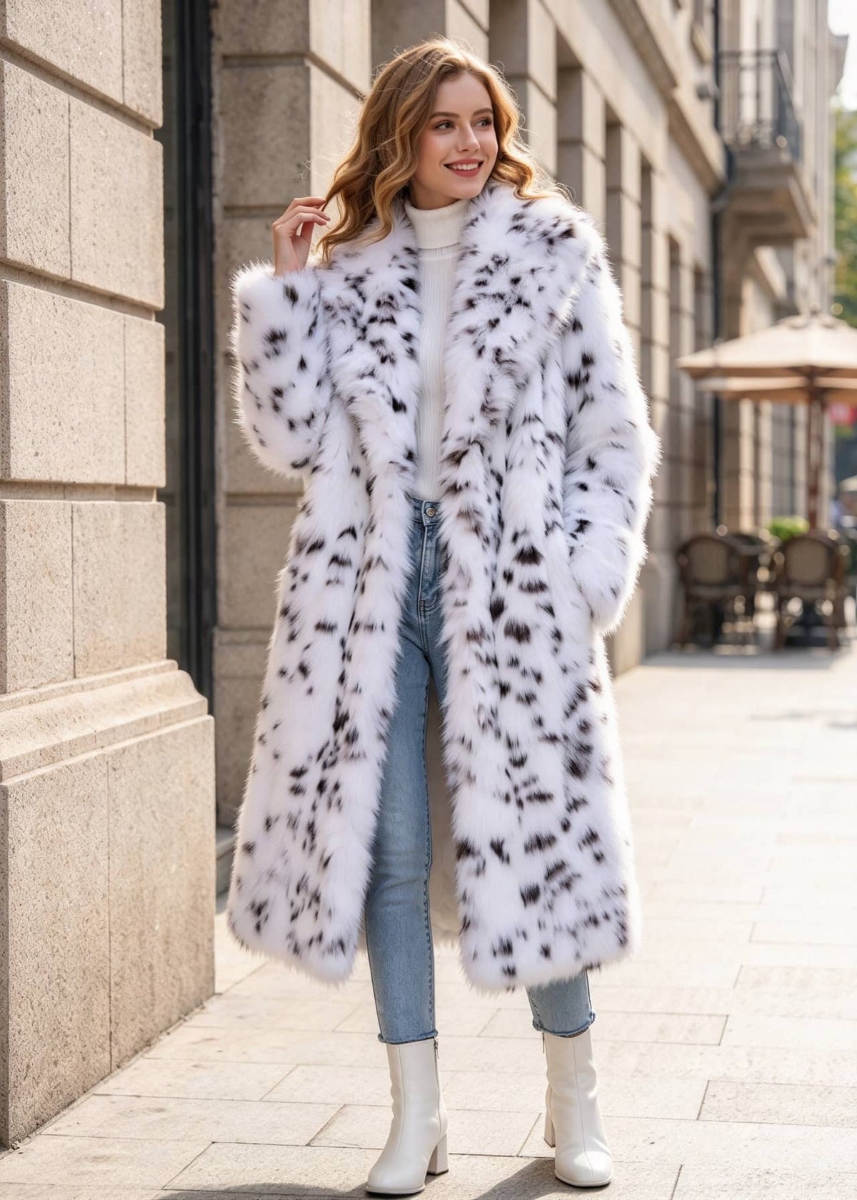 A woman stands on a city sidewalk wearing a long white faux-fur coat with black spots, light blue jeans, and white ankle boots. The background shows a blurred urban street scene with stone buildings and outdoor seating.