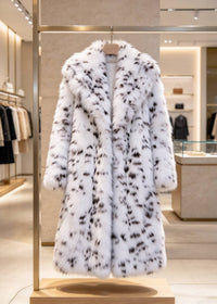 Luxury retail showroom display of the women's snow leopard print draped collar faux fur longline coat on a hanger. 