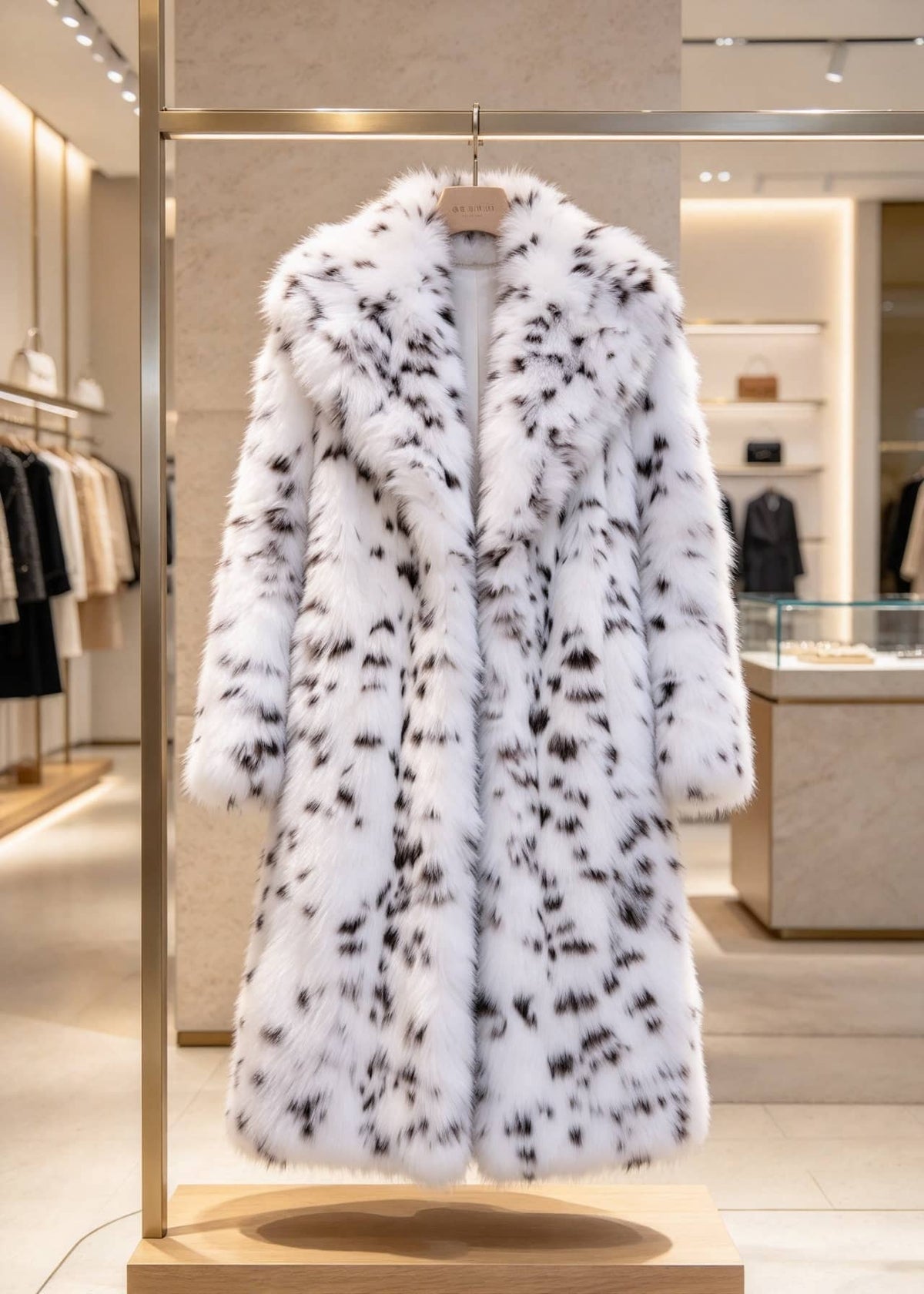 Luxury retail showroom display of the women's snow leopard print draped collar faux fur longline coat on a hanger. 
