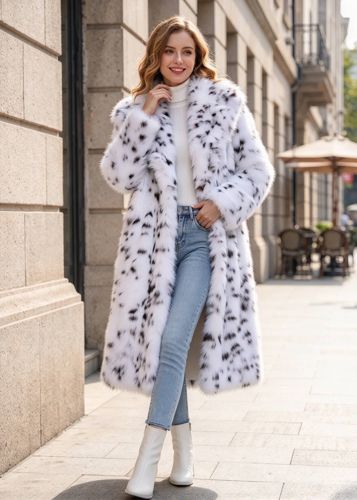 Elegant street fashion look of a woman posing with hand in pocket wearing the snow leopard print faux fur maxi coat. 