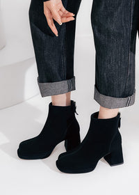 Women's Suede Leather Platform Chunky Heel Booties Black