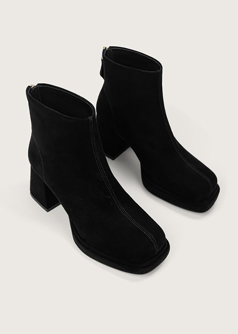 Women's Suede Leather Platform Chunky Heel Booties Black