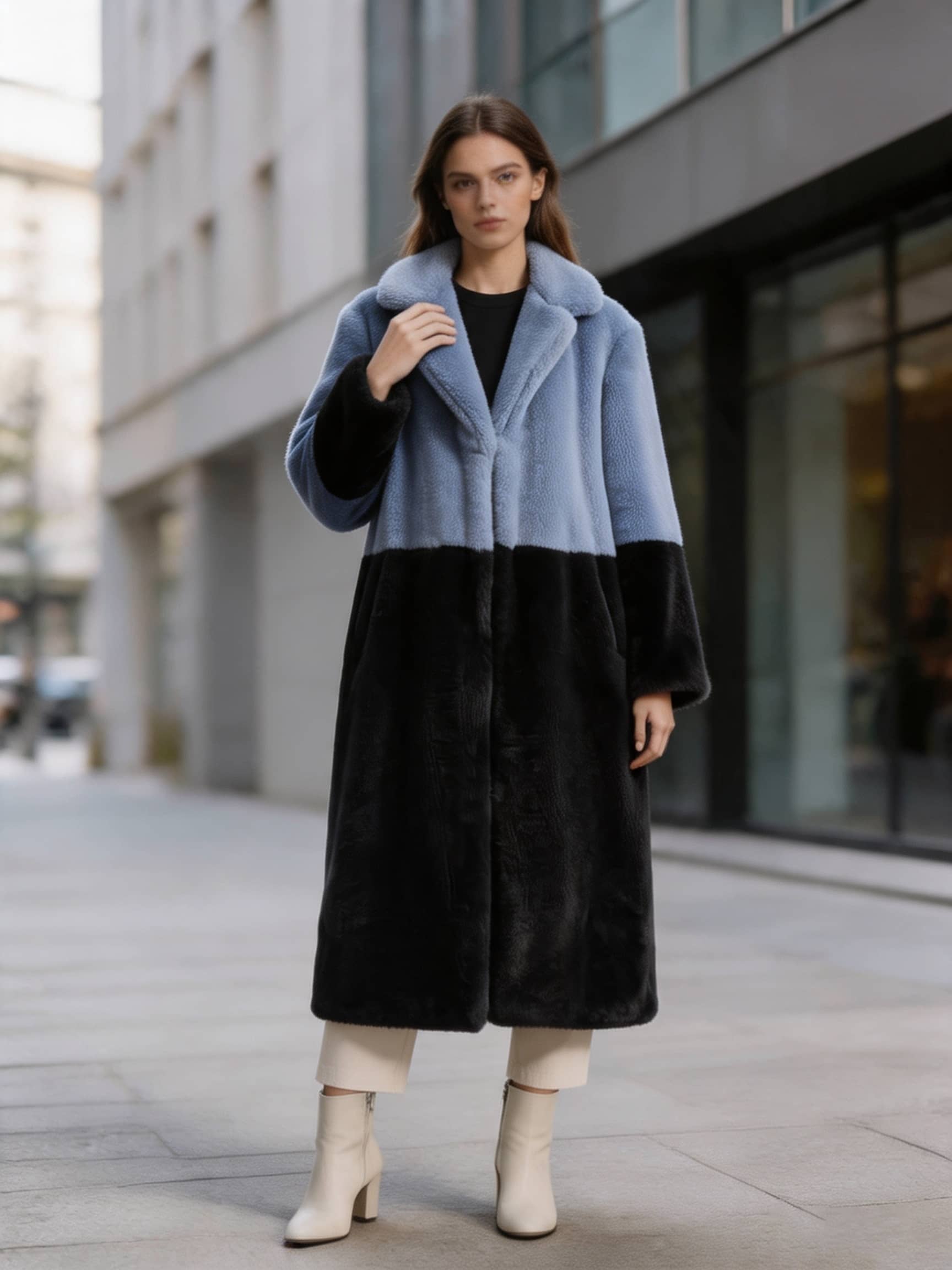 Full-length shot of a model wearing a slate blue and black color-block notch lapel faux fur long coat.