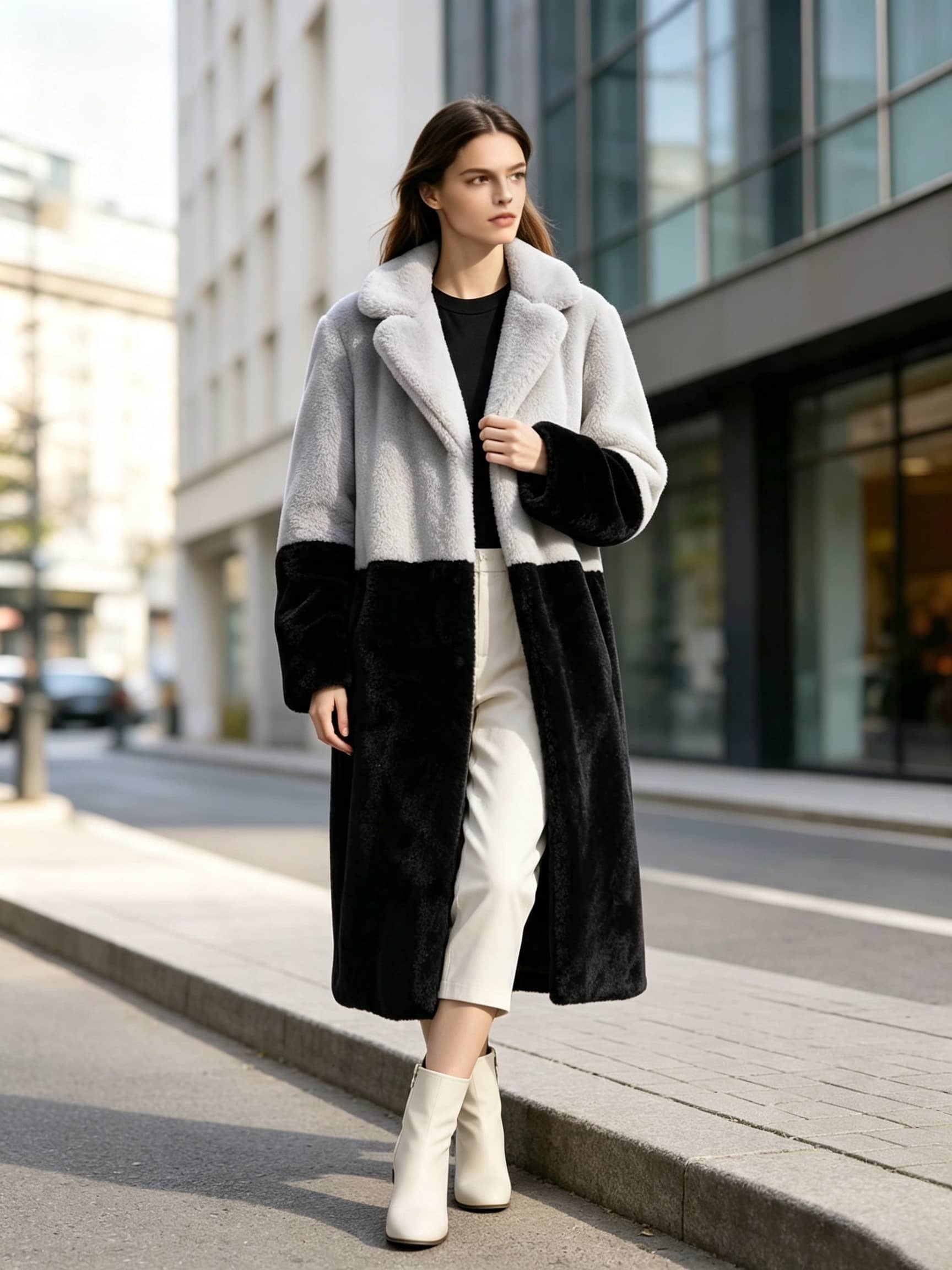 Model walking on a city sidewalk in a grey and black two-tone notch lapel plush faux fur long coat styled with cream boots.