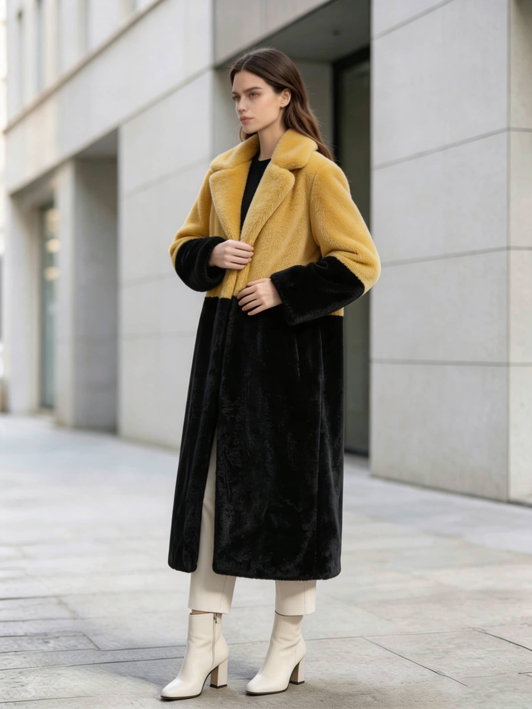 Three-quarter pose of a woman wearing a mustard yellow and black color-block notch lapel faux fur long coat outside.