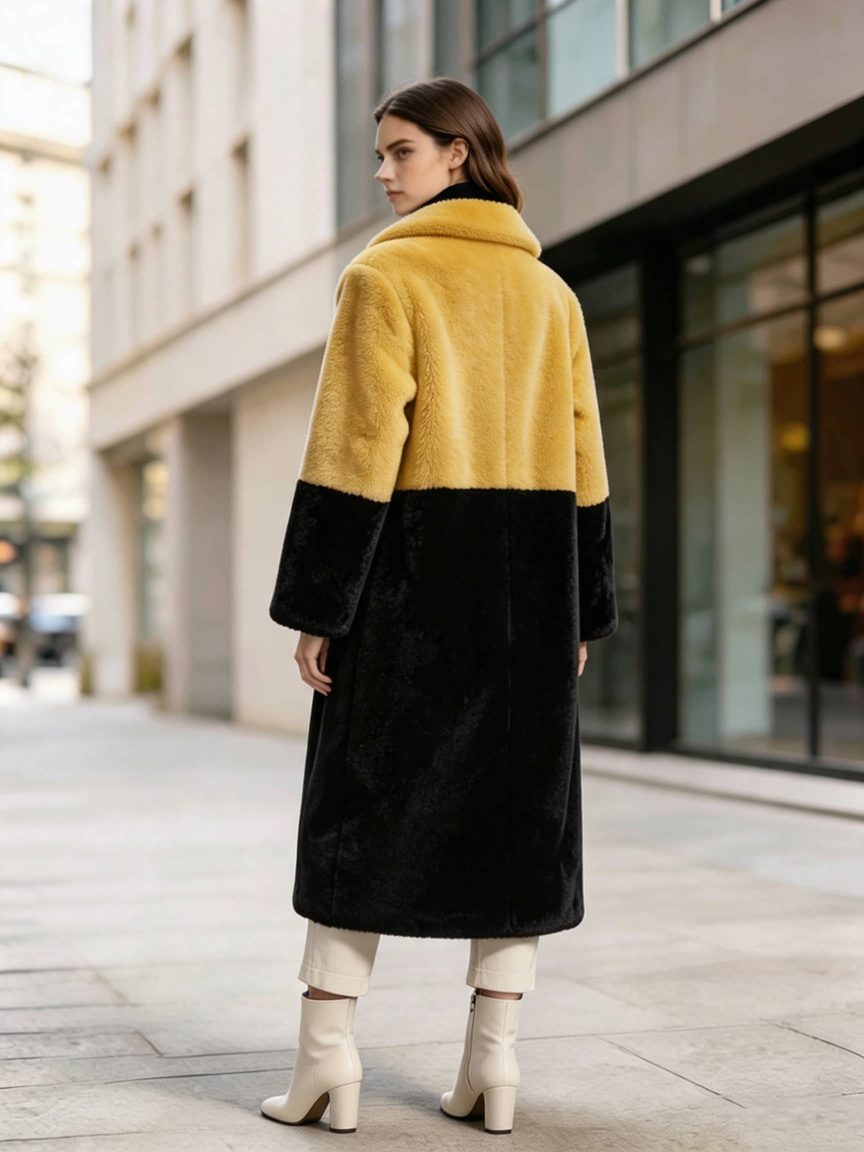 Back view of a model in a mustard yellow and black two-tone notch lapel plush faux fur long coat looking over shoulder.
