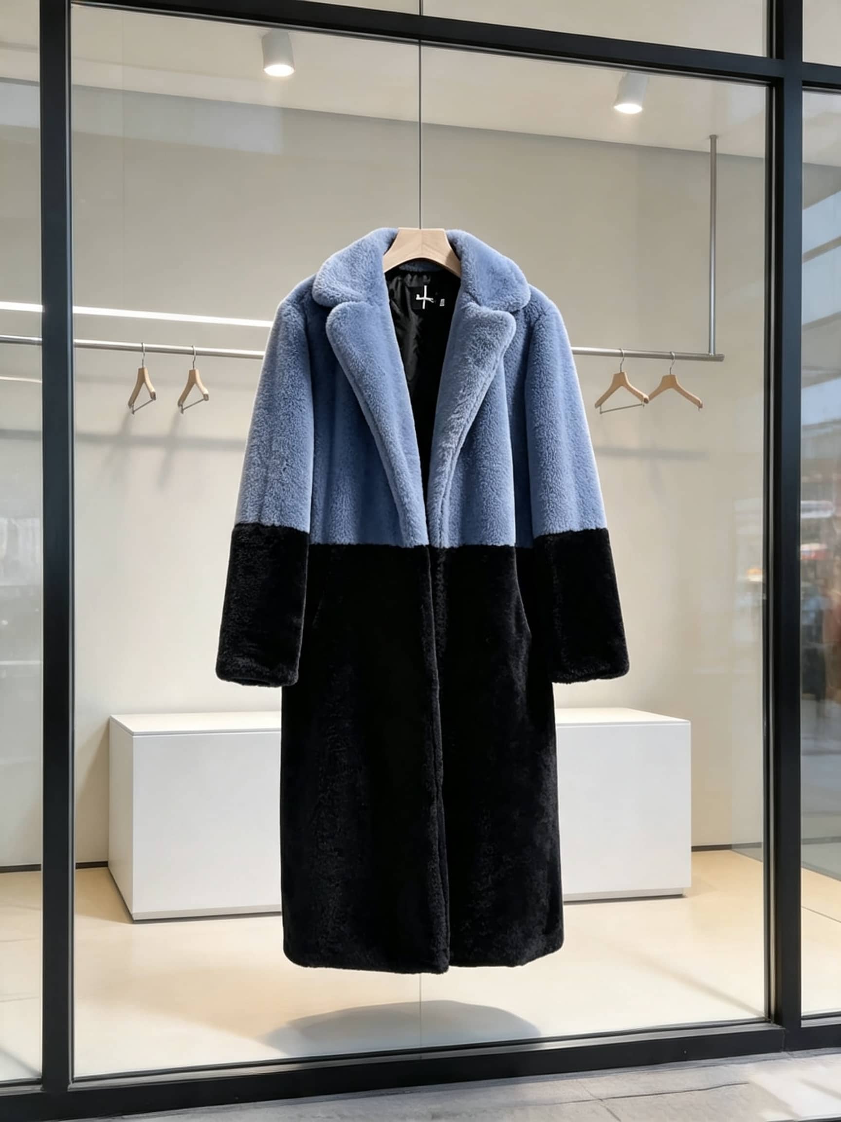 Slate blue and black two-tone notch lapel plush faux fur long coat displayed in a store window.