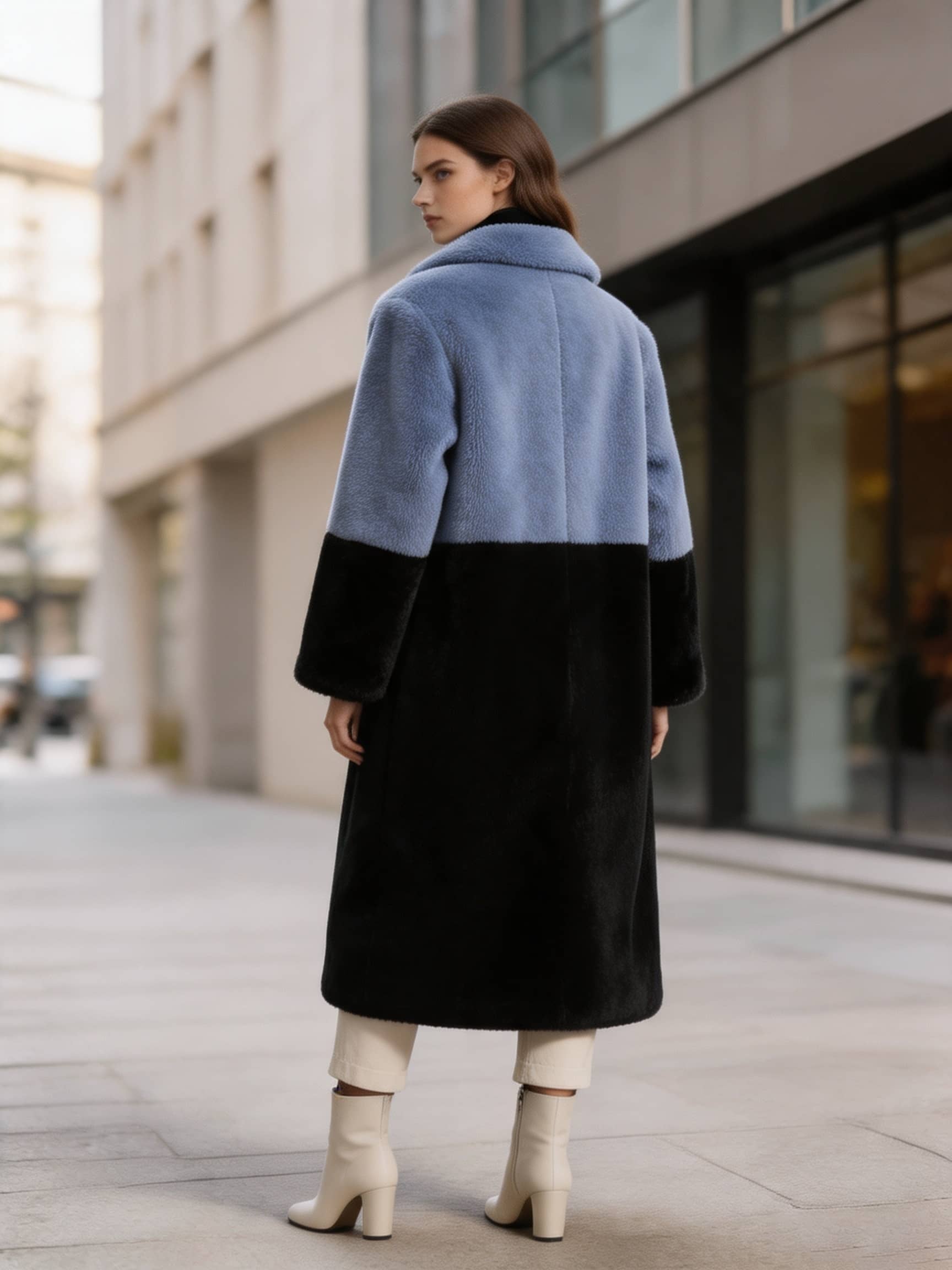 Back view of a model in a slate blue and black color-block notch lapel faux fur long coat on the street.