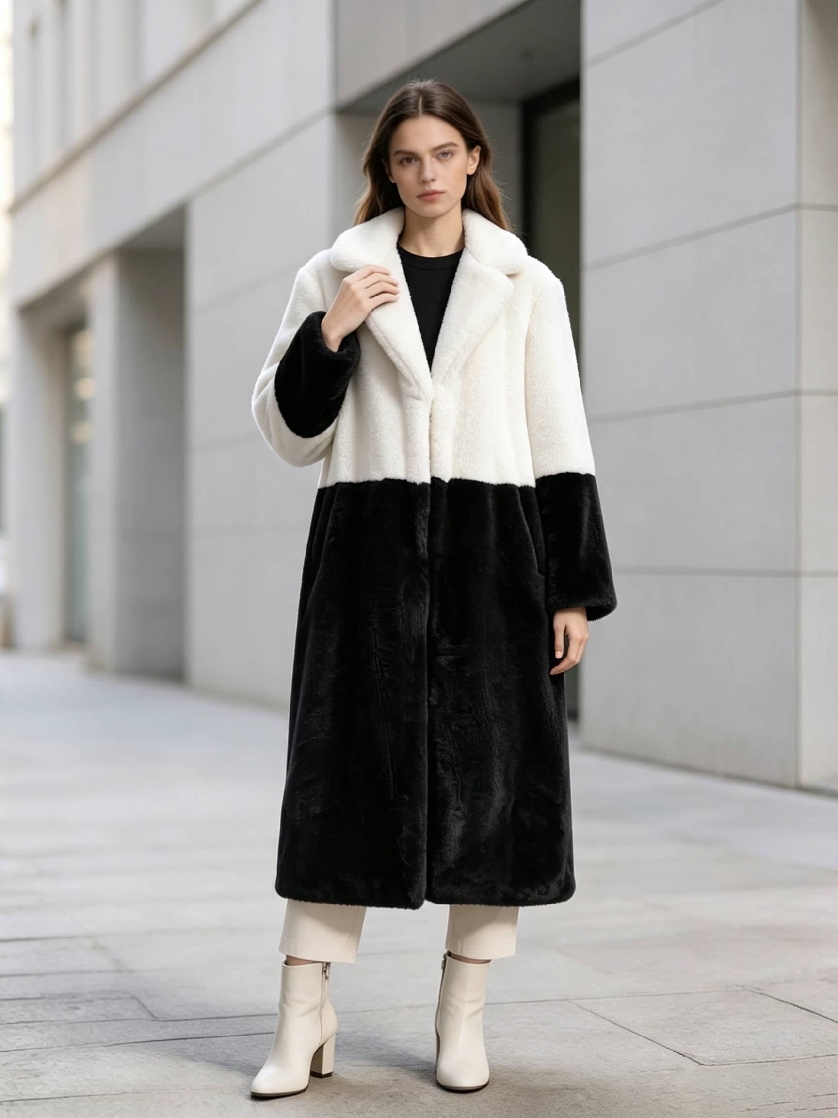 Front pose of a woman wearing a cream white and black two-tone notch lapel plush faux fur long coat.