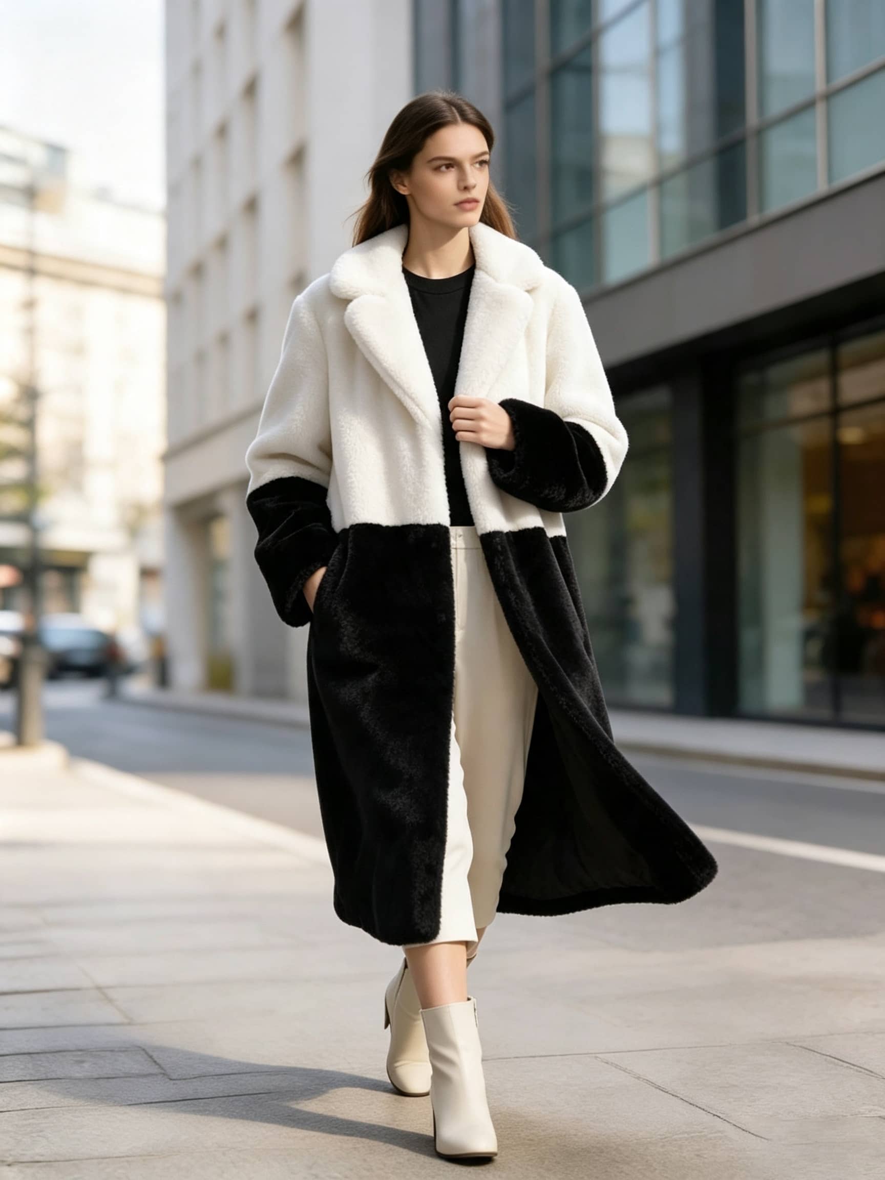 Model walking outdoors in a cream white and black two-tone notch lapel plush faux fur long coat.