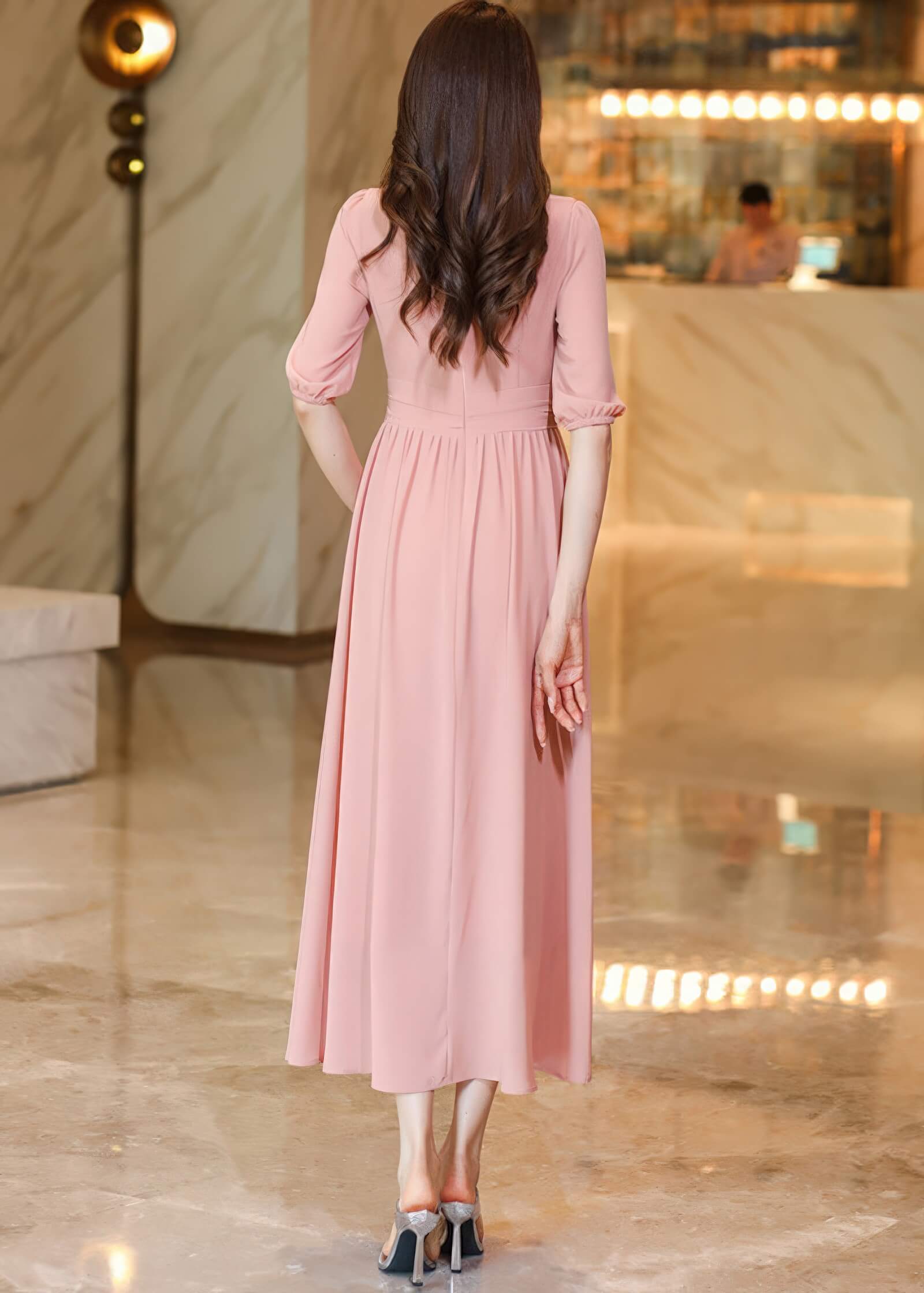 V-Neck Chiffon Midi Dress with Half Sleeves Pink / S