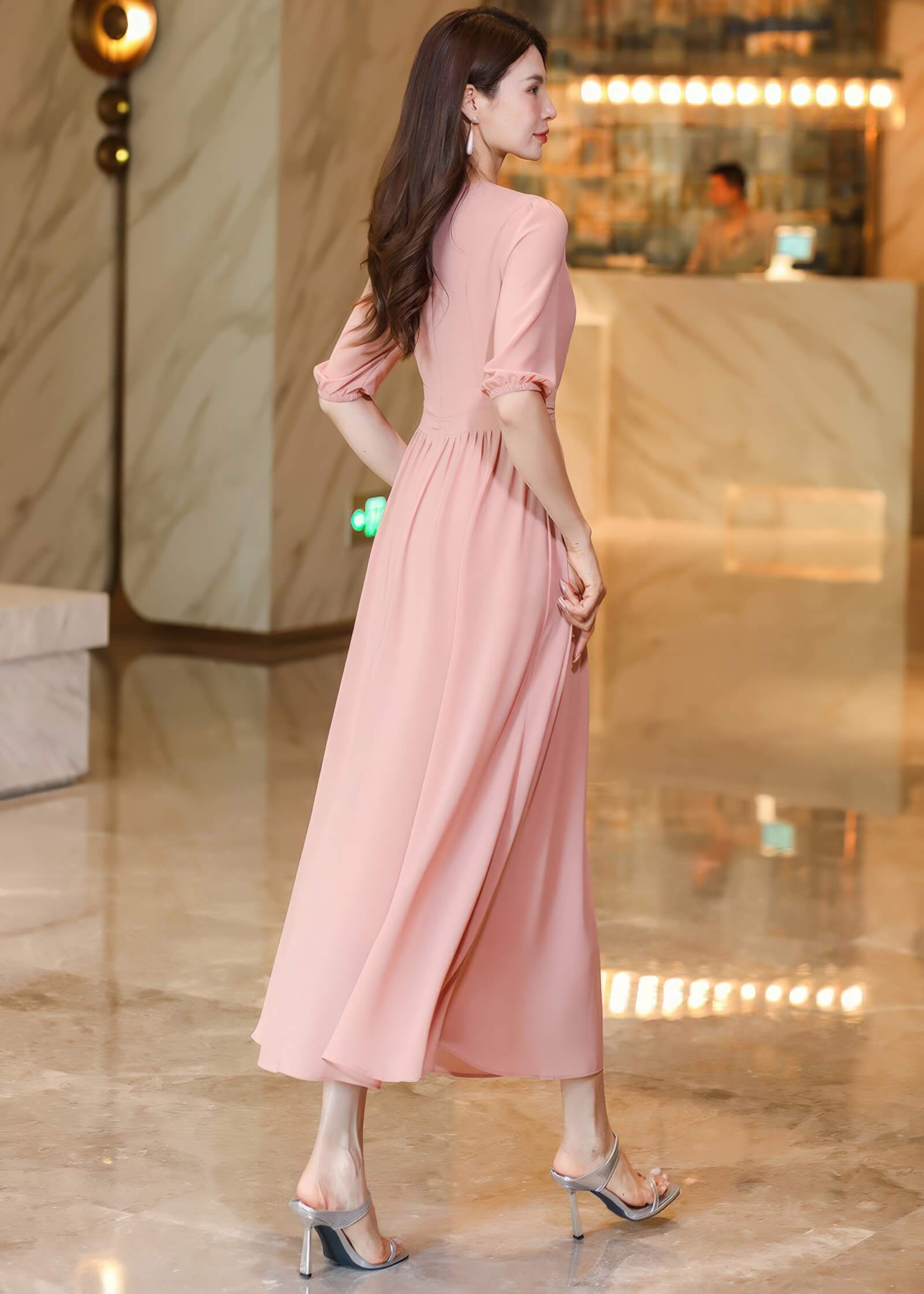 V-Neck Chiffon Midi Dress with Half Sleeves Pink / S