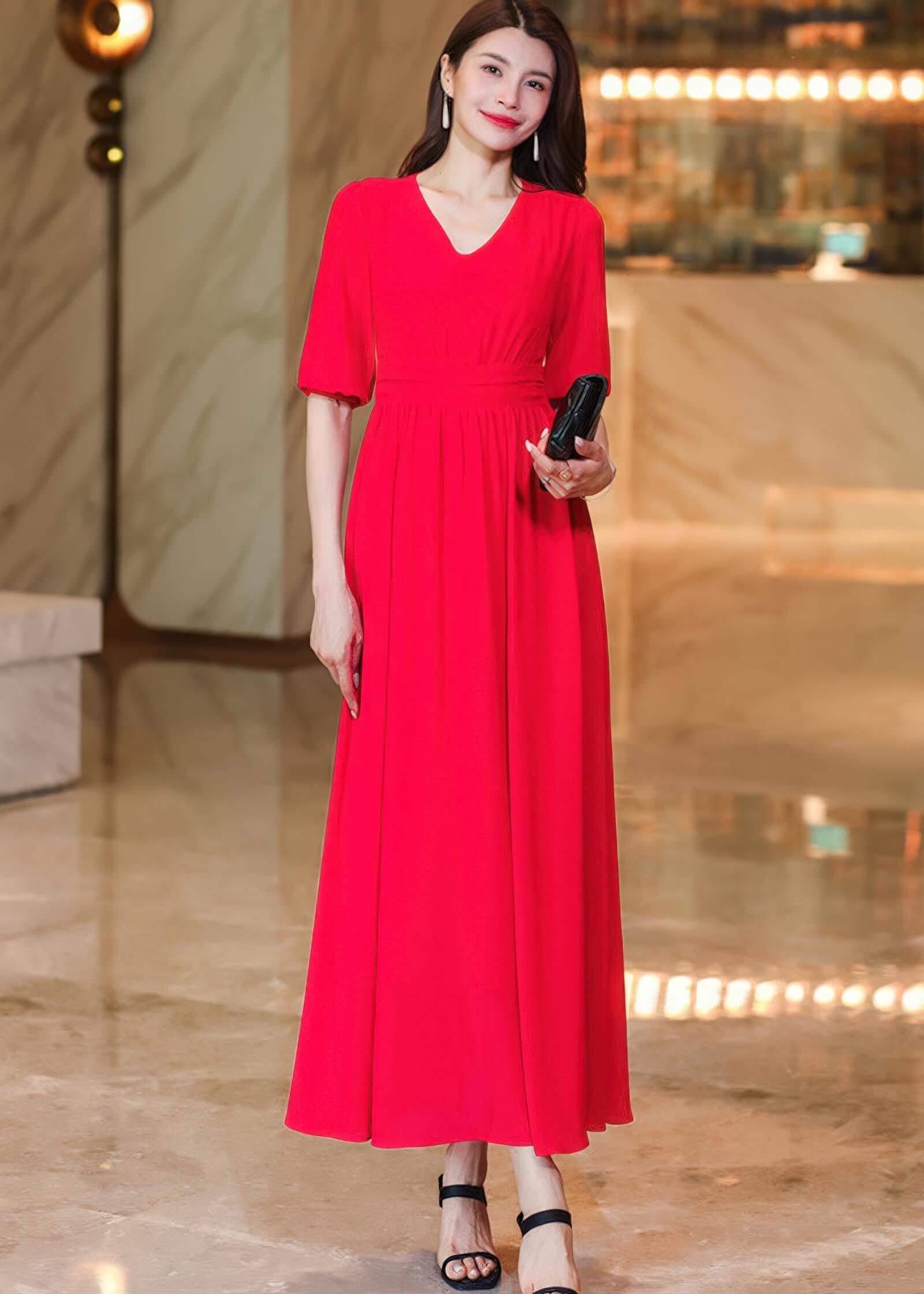V-Neck Chiffon Midi Dress with Half Sleeves Pink / S