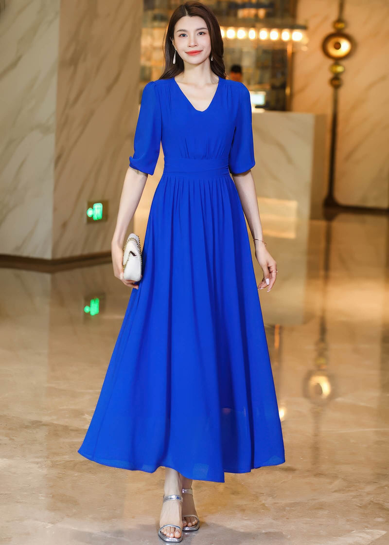 V-Neck Chiffon Midi Dress with Half Sleeves Pink / S