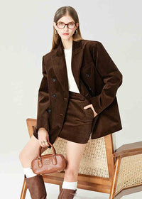 Women's Brown Velvet Double Breasted Blazer Mini Skirt Set