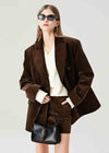 Women's Brown Velvet Double Breasted Blazer Mini Skirt Set