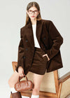 Women's Brown Velvet Double Breasted Blazer Mini Skirt Set