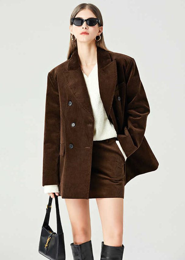 Women's Brown Velvet Double Breasted Blazer Mini Skirt Set