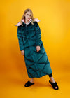 Women's Winter Green Velvet Hooded Goose Down Puffer Maxi Coat