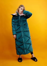 Women's Winter Green Velvet Hooded Goose Down Puffer Maxi Coat