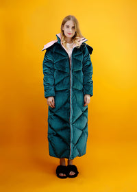 Women's Winter Green Velvet Hooded Goose Down Puffer Maxi Coat