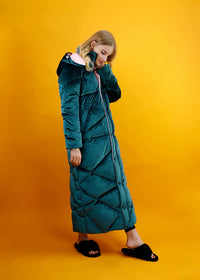 Women's Winter Green Velvet Hooded Goose Down Puffer Maxi Coat