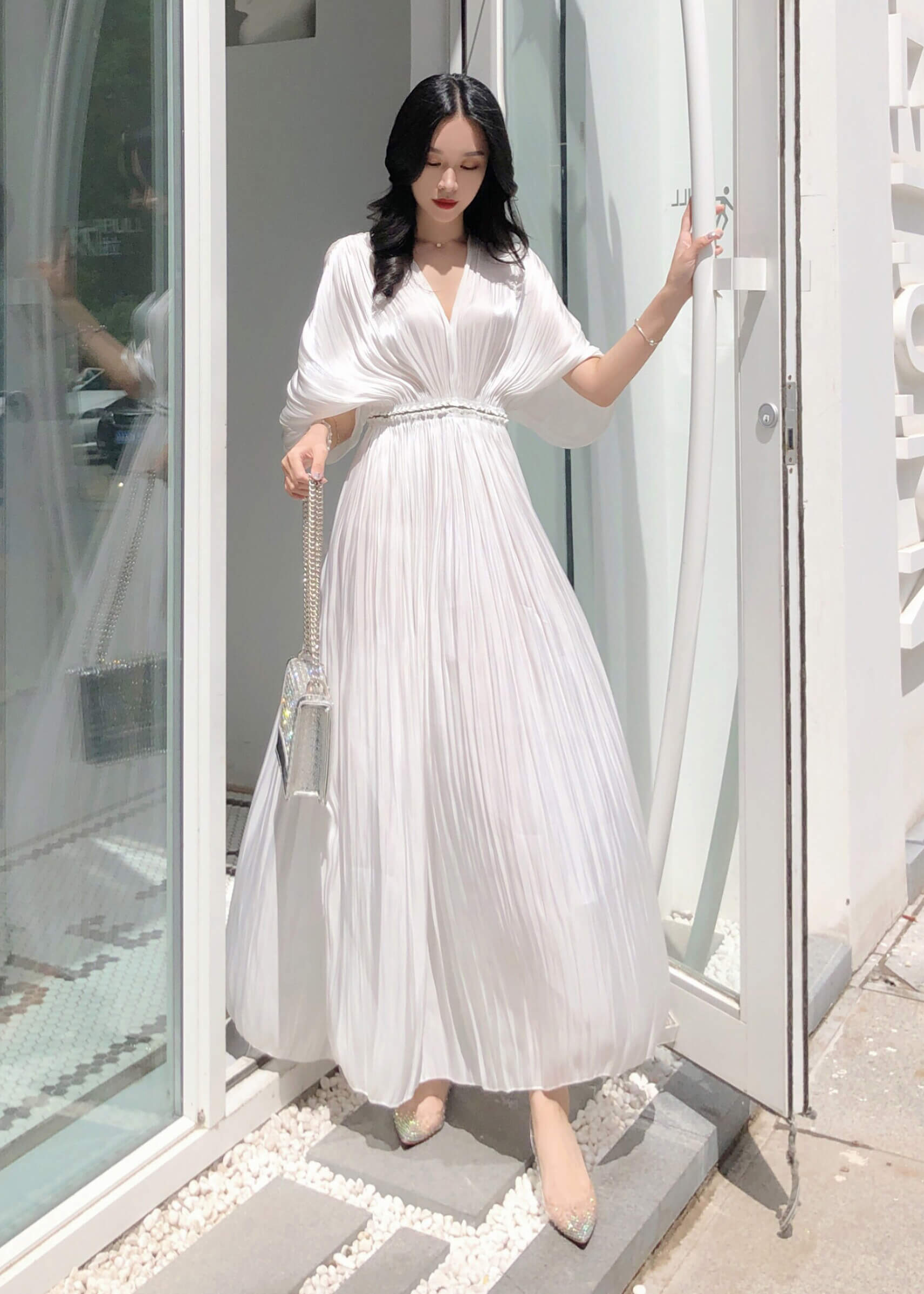 Short Sleeve Pleated Maxi Dress