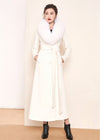 Women's White Fox Fur Collar Single Breasted Belted Wool Blend Long Coat