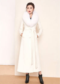 Women's White Fox Fur Collar Single Breasted Belted Wool Blend Long Coat