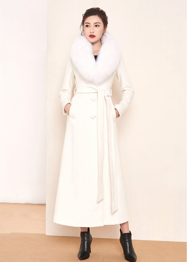 Women's White Fox Fur Collar Single Breasted Belted Wool Blend Long Coat