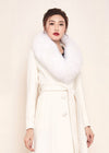 Women's White Fox Fur Collar Single Breasted Belted Wool Blend Long Coat