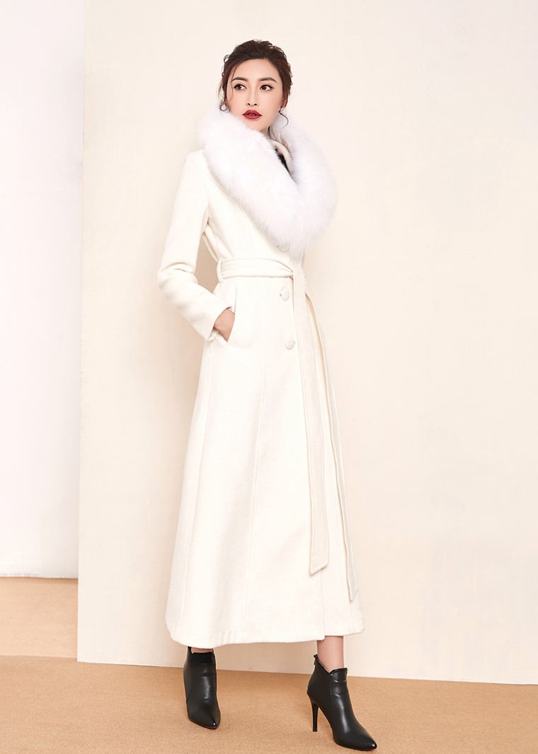 Women's White Fox Fur Collar Single Breasted Belted Wool Blend Long Coat