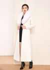 Women's White Fox Fur Collar Single Breasted Belted Wool Blend Long Coat