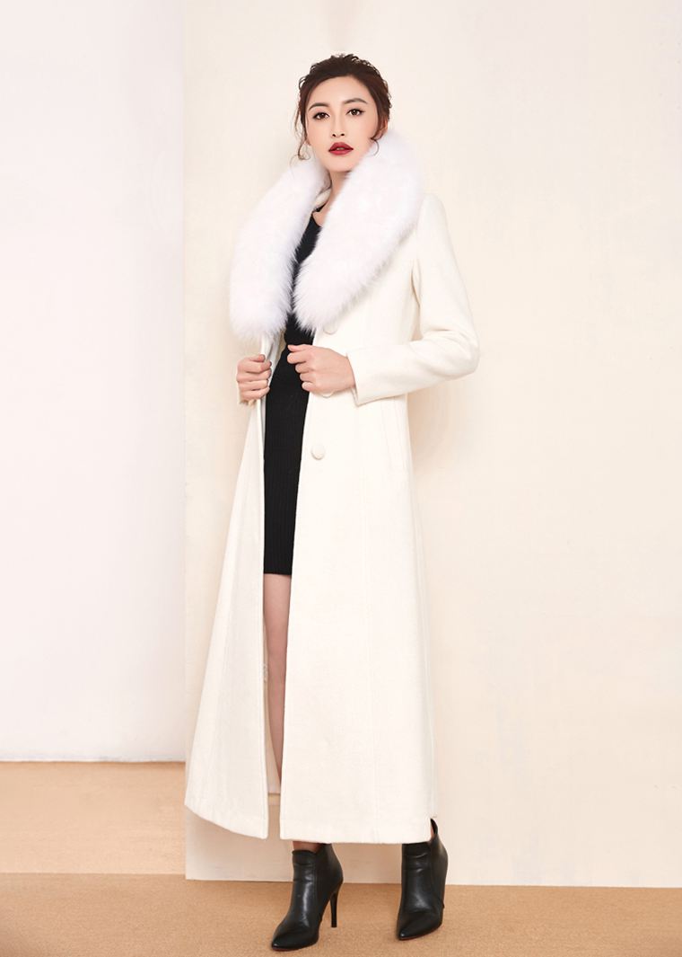 Women's White Fox Fur Collar Single Breasted Belted Wool Blend Long Coat