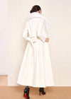 Women's White Fox Fur Collar Single Breasted Belted Wool Blend Long Coat