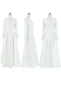 Three-angle view of the white tweed maxi dress on a mannequin, showing the front, side, and back design of the Vivian Seven gown.